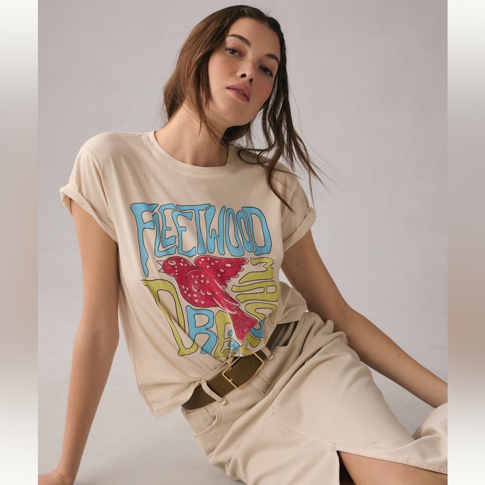 Anthropologie Cream Fleetwood Mac Graphic Tee with Multicolor Print
